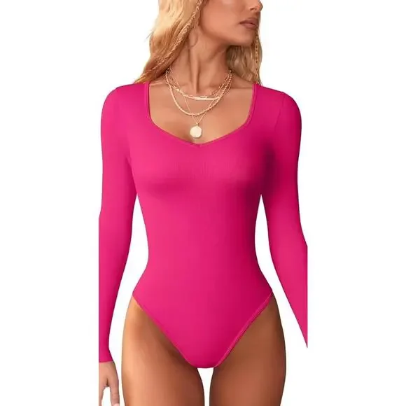 OQQ Hot Pink Long Sleeve Ribbed Bodysuit New-Med - Picture 1 of 5